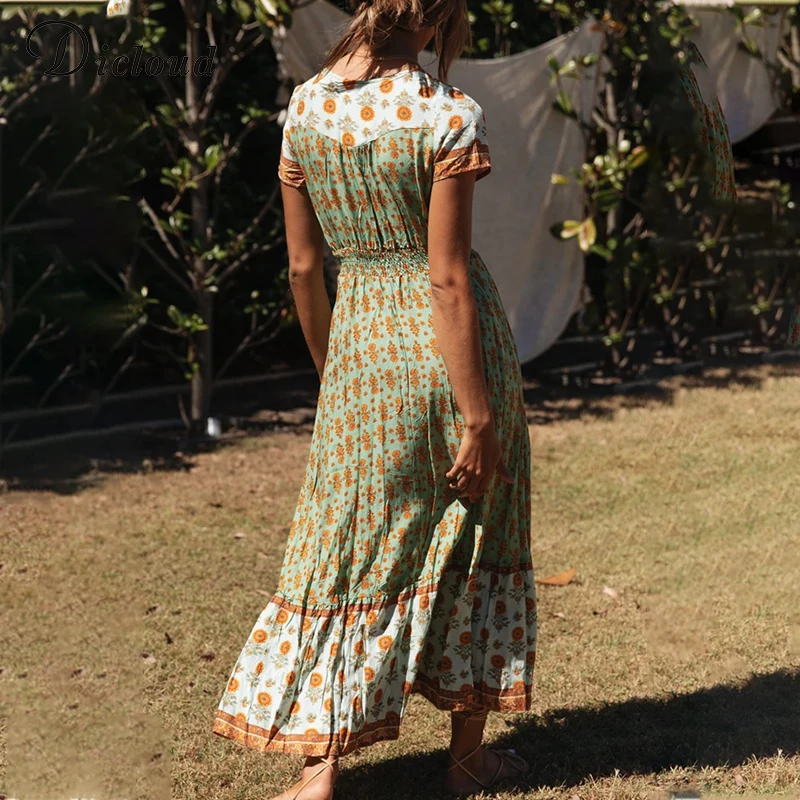 DICLOUD элегантное Бохо длинное платье женское летнее с коротким рукавом цветочный