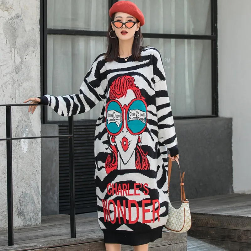 QING MO 2022 Spring New Women Clothing Printed Sweater Dress Large Size Black White Striped TT115Q | Женская одежда