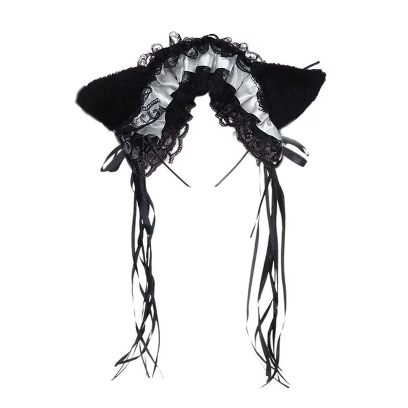 

Women Ruffles Lace Headband Plush Cat Ears Ribbon Bell Lolita Cosplay Hair Hoop 23GE