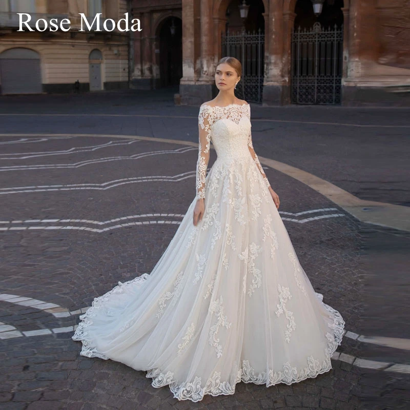 

Rose Moda Off the Shoulder Long Sleeves Lace Wedding Dress Custom Make