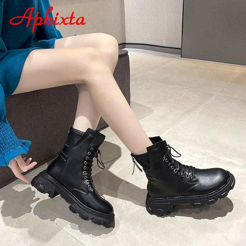 

LazySea 2021 Patent Leather Square Heel Platform Boots Women Back Zipper Round Toe Waterproof Non-slip Elastic Band Marten Boots