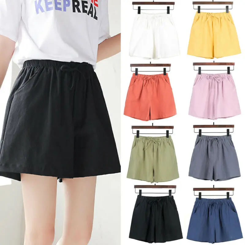 

Women Plain Elastic Waist Stripe Summer Loose Shorts Sports Casual Short Pants