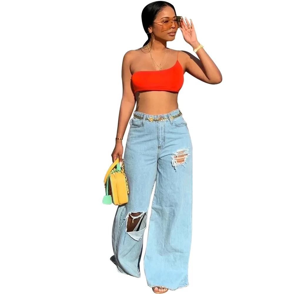 

All Match Loose Summer Pants Higt Street Fashion Jeans Wear Women's Wide Leg Denim Jeans with Ripped Hole Daily Streetwear