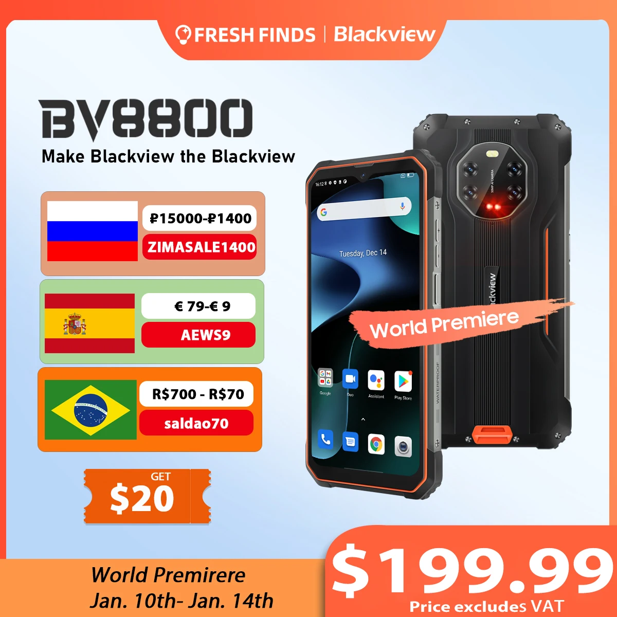 [World Premiere] BLACKVIEW BV8800 Rugged Smartphone 90Hz Display 8GB+128GB Helio G96 Android 11 8380mAh Mobile Phone 50MP Camera