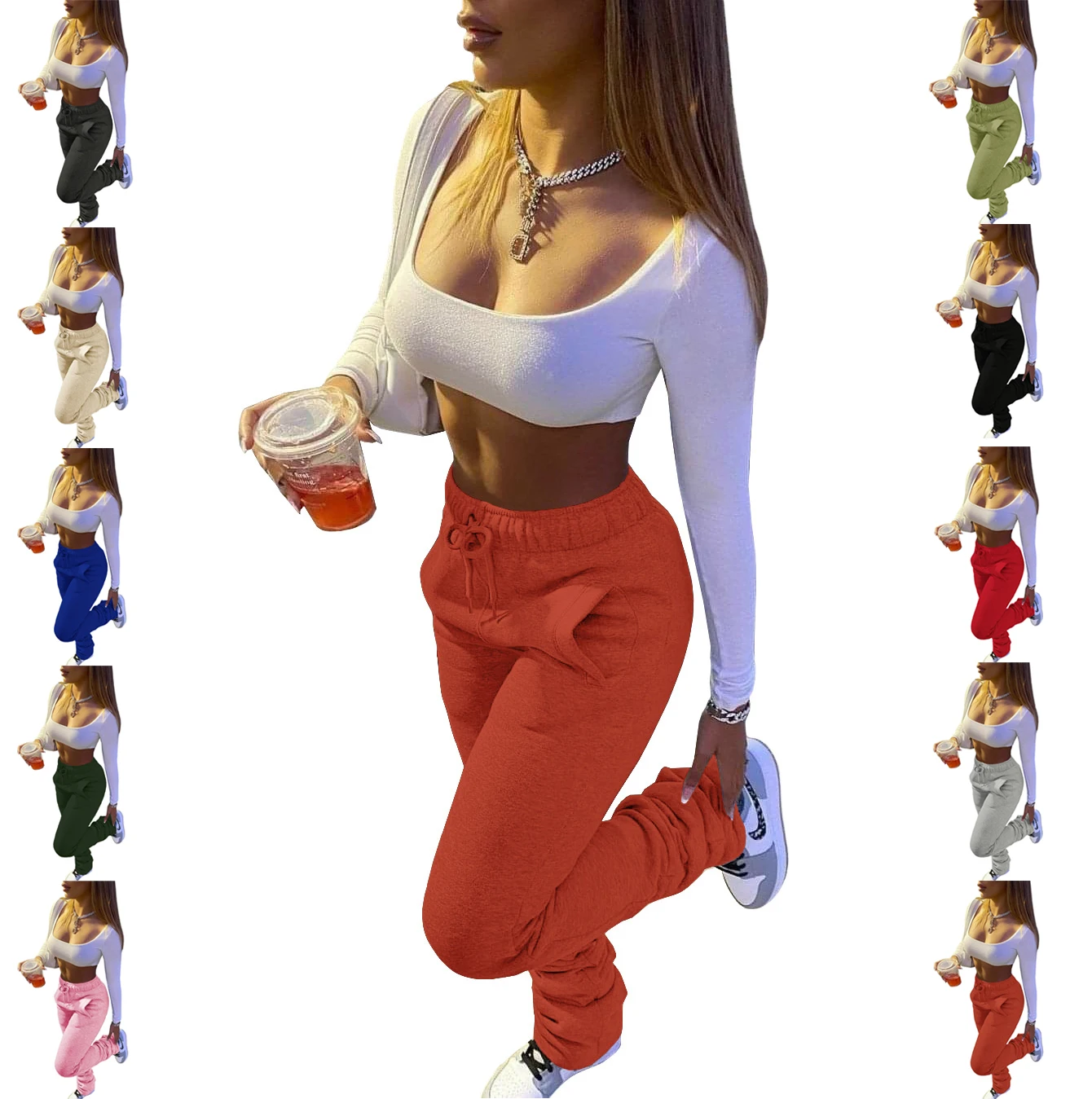 

Комплект из футболки и леггинсов, с высокой талией, со шнурком, расклешенные, со складками, повседневные тренировочные штаны, женские, набор ...