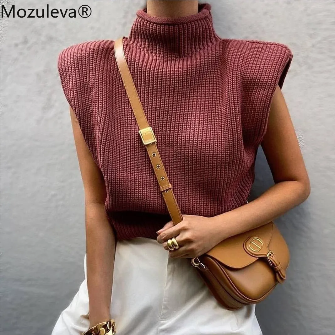 Mozuleva 2021 Autumn Winter Women's Dress Solid Color Sleeveless High Collar Casual Shoulder Top Sweater Turtleneck | Женская одежда