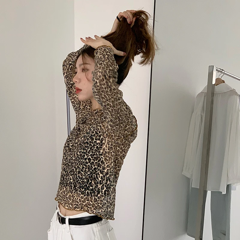 

Zaraing Lace Leopard Women Shirt New Fashion Spring And Summer Korean Round Neck Small Shirt Chiffon Long Sleeve Hedging Top