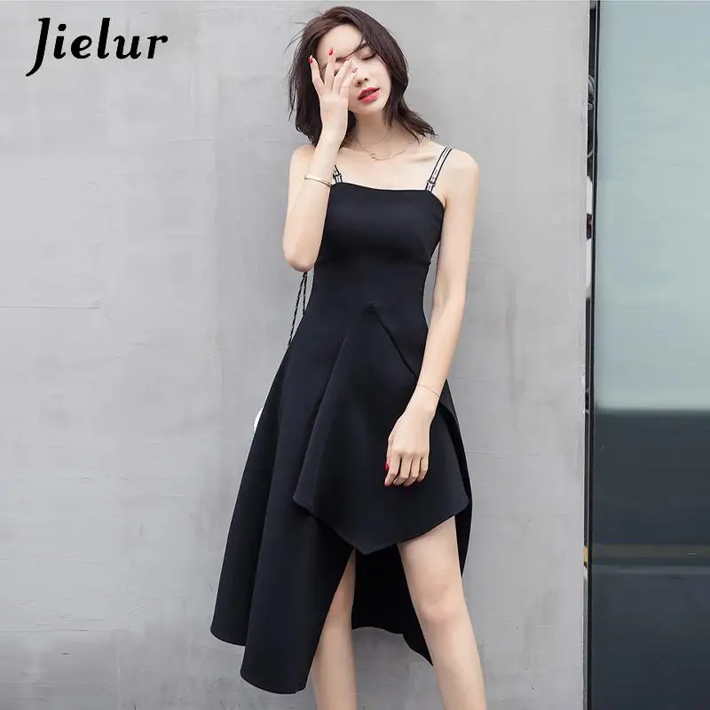 Женское платье на бретельках Jielur черное с оборками в Корейском стиле элегантное