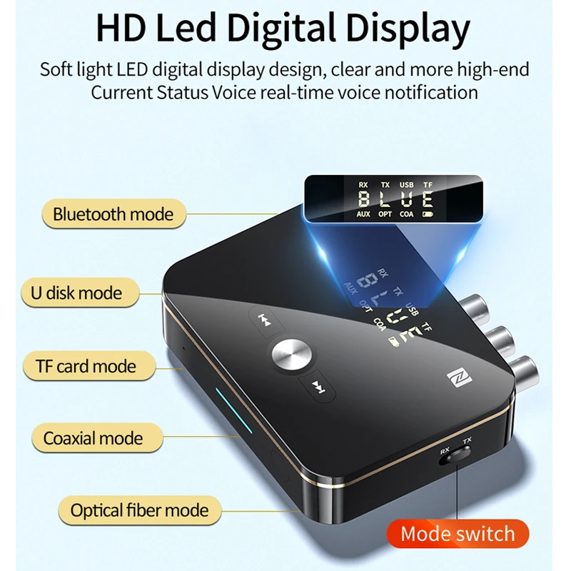 Bluetooth 5.0 Receiver Transmitter NFC LED Stereo 3.5mm AUX Jack RCA Optical Wireless Audio Adapter Handsfree Call Mic TV PC Car |