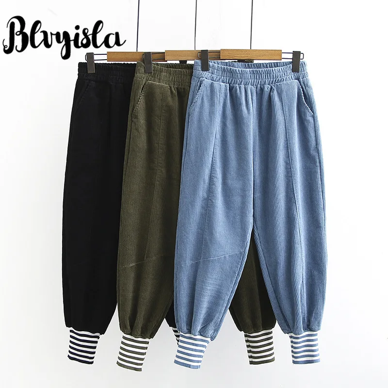 

Blvyisla 4XL Oversize Striped Leg Thicken Corduroy Long Pants Loose Casual Harem Trousers Overall Elastic Waist Sportwear