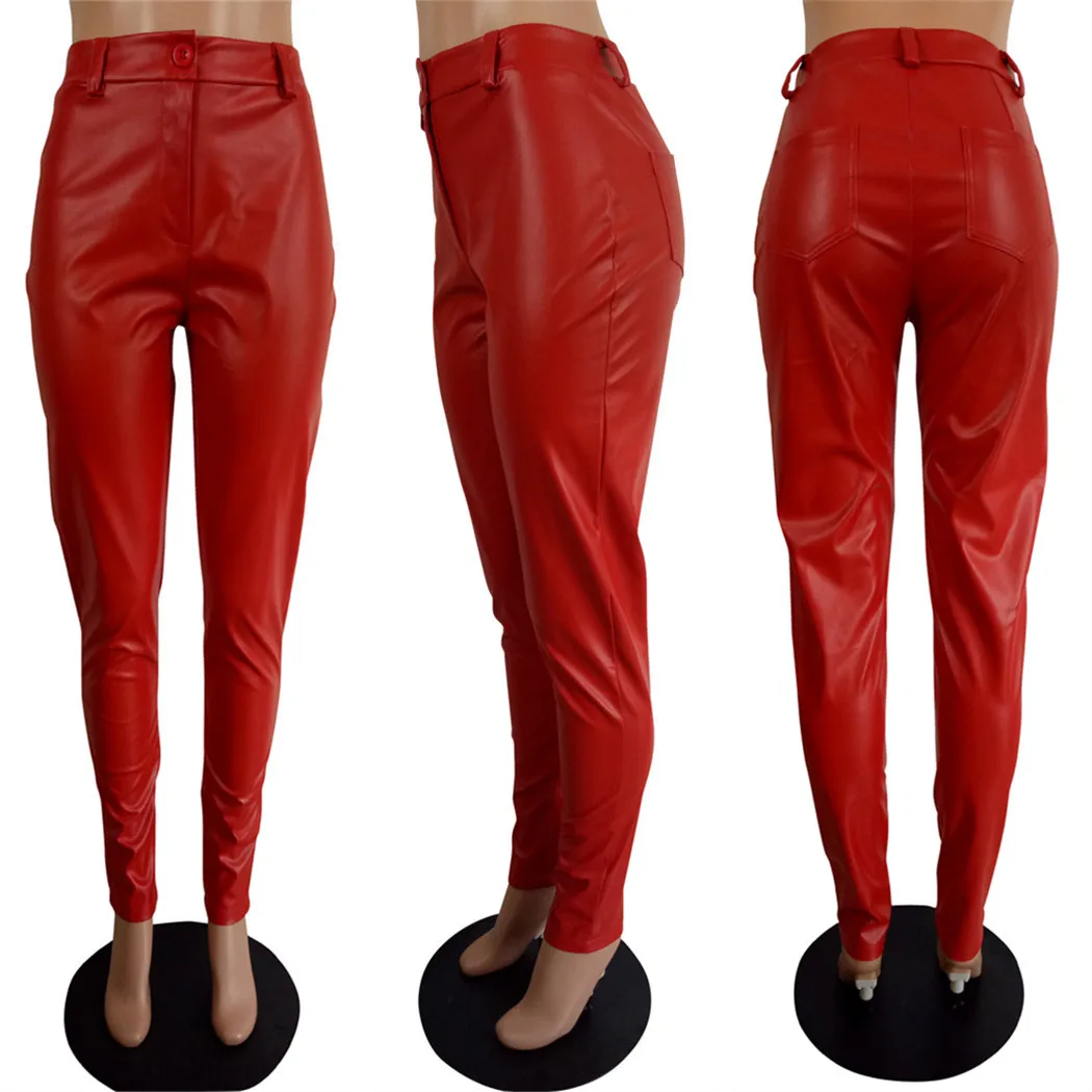 

Sexy Nightclub Style Women PU pants red black High Waist Button Zipper Bodycon Pencil Pants Outfits For Party