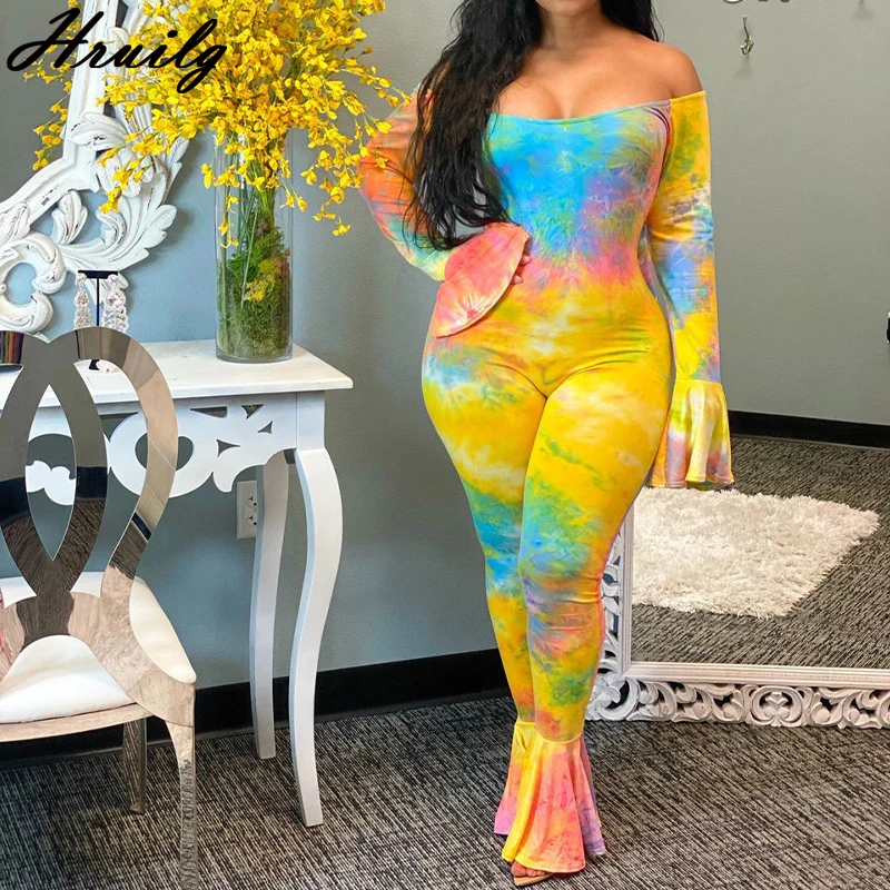 

Fashion Long Sleeve Rompers Womens Jumpsuit Tie Dye Off Shoulder Sexy Elegant Jumpsuits Trumpet Shaped Party Overalls for Women