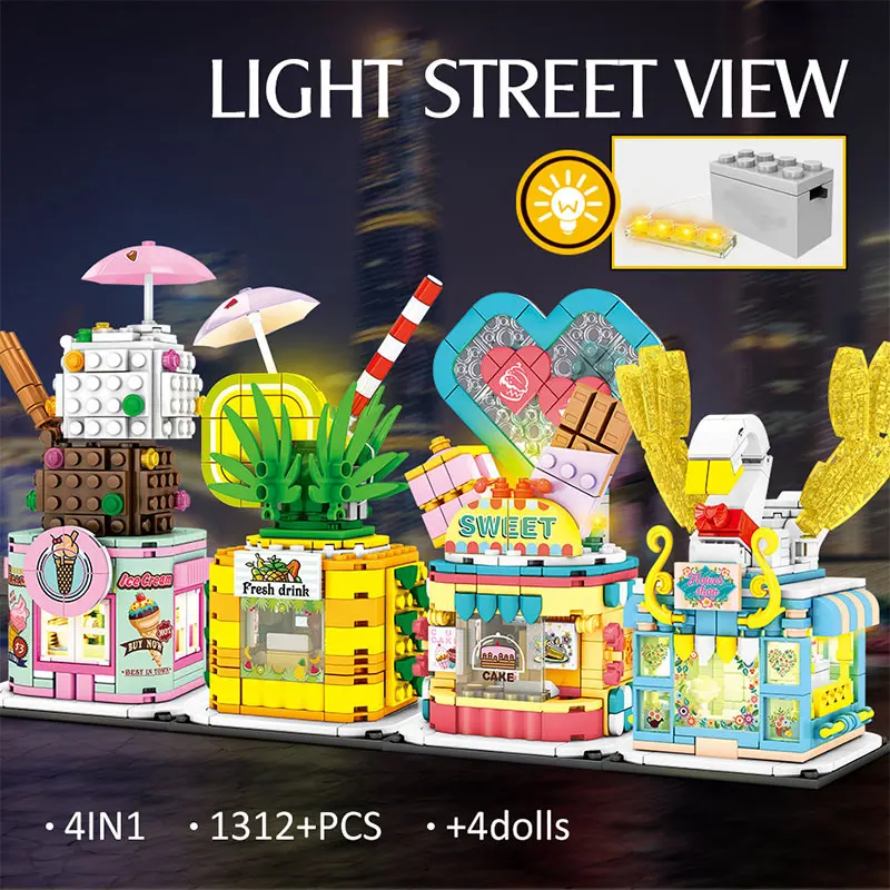 

1312PCS City Street View LED Light Ice Cream Shop Building Blocks Creator Dessert House Figures Bricks Toys for Girls Xmas Gifts