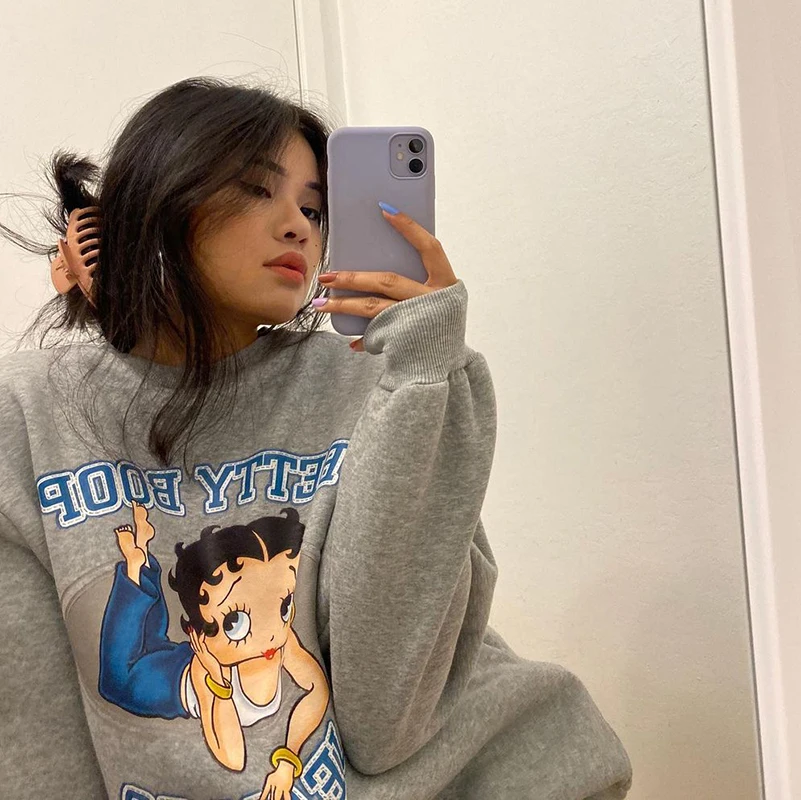 

Letter Angel Print Women Long Sleeve Hoodis Pullover Sweatshirt Loose Oversized Streetwear Casual 2020 Autumn Winter Top