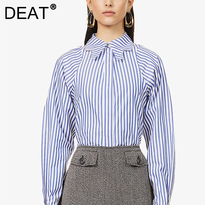 

Женская хлопковая рубашка в полоску DEAT, белая блузка с длинным рукавом и воротником-бабочкой, весна-осень 2021