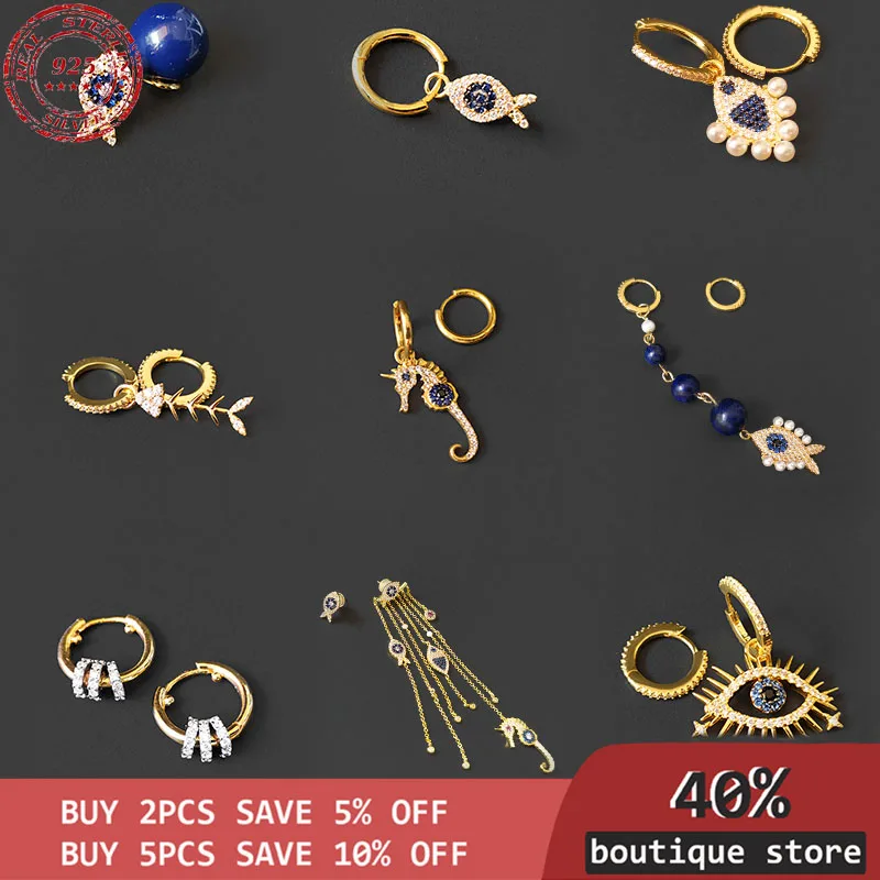 

sterling silver earring s925 asymmetrical, sitting horse shell, lucky eye, fish bone, small, fresh, luxury-branded jewelry