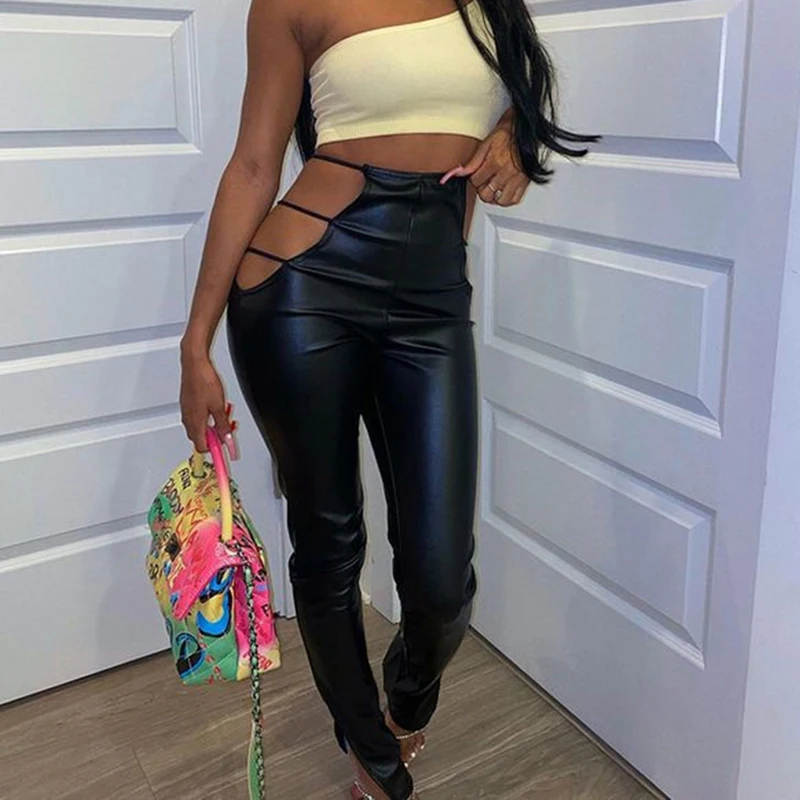 

Fall 2021 Fashion Black Bottoms Skinny Side Split Faux Pants Y2K Hollow Out Women High Waist Pu Leather Tight Trouser