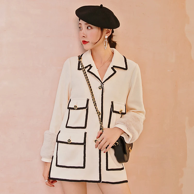 YIGELILA Autumn New Fashion PatchWork Coat Turn Down Collar with Pockets Casual Coat Full Sleeves Single Breasted Coat 9971