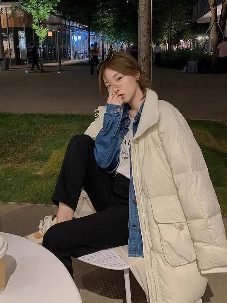 

Long Down Cotton Jackets Women Coats Winter 2021 New Thick Warm Stand Collar Parkas Female Chic Pocket Cold Proof Jacket