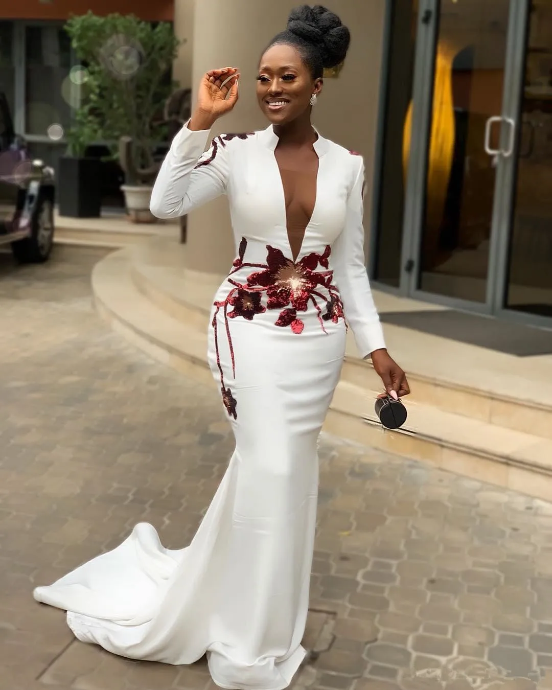 White Aso Ebi South African Evening Dresses Mermaid V-neck Long Sleeves Appliques...