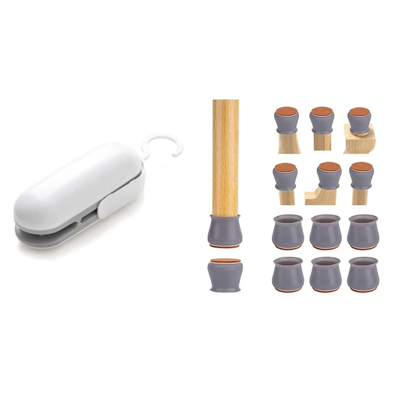 

1Set Mini Bag Sealer, Handheld 2 In 1 Heat Sealer And Cutter (Gray) & 40X Chair Legs Cap With Felt Pads