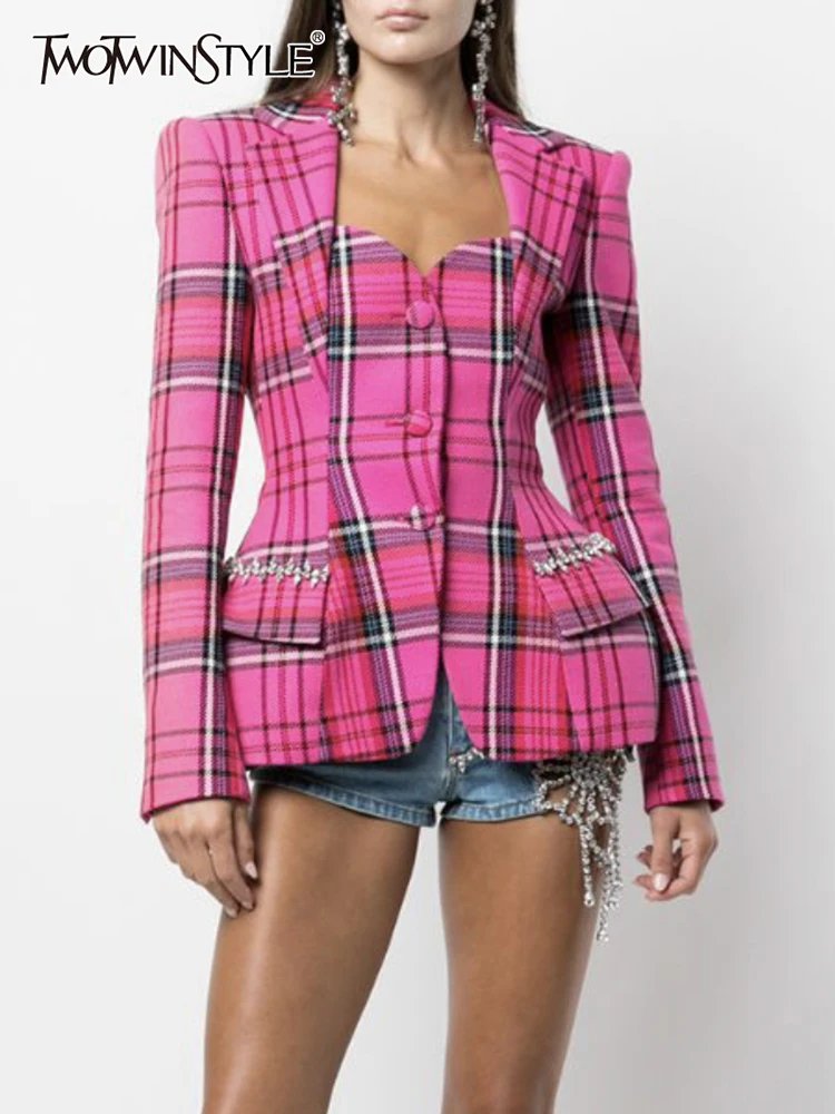 Женский клетчатый Блейзер TWOTWINSTYLE осенний черный Однобортный блейзер с отложным