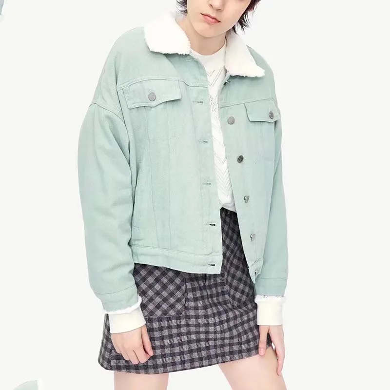 

Za Green Denim Plus Fleece Jacket Autumn Winter Solid Color Long-Sleeved Fleece Collar Thick Warm Women's Street Fashion Coat