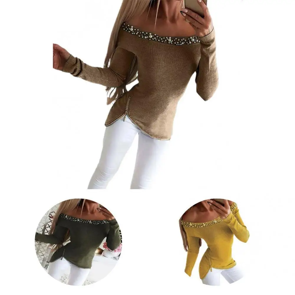 

Trendy Pullover Top Solid Color Breathable Sexy Zipper Off Shoulder Top Bottom Blouse Women Blouse