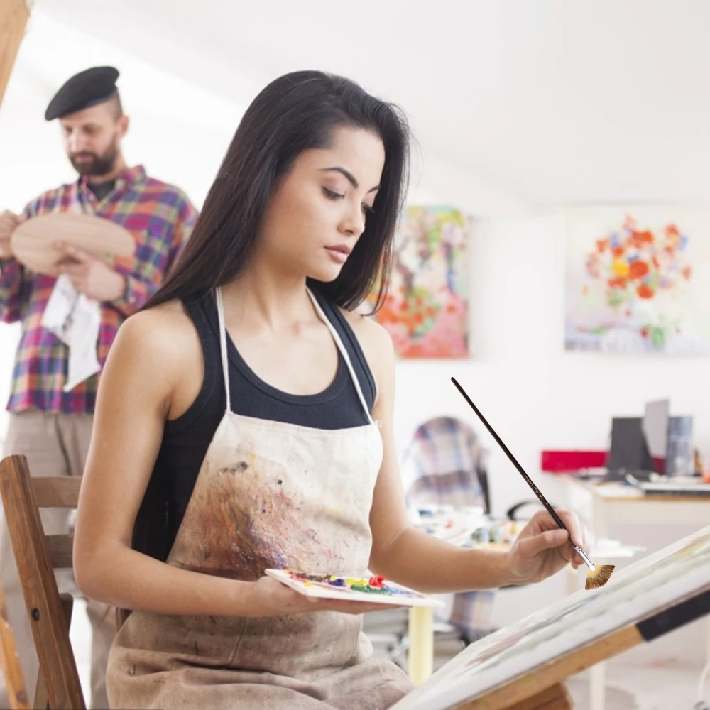 

6pcs Professional Fan Paint Brushes Anti-Shedding Nylon Hair 3-Color Soft Fan Tip Head Long Wooden Handle Artist Paintbrush