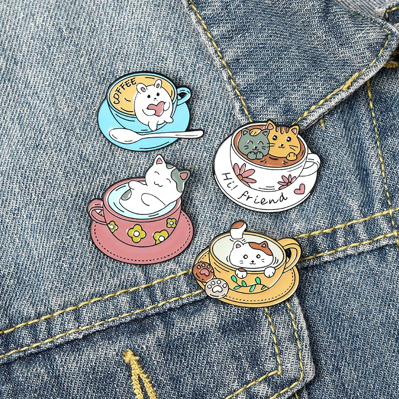 

Cartoon Cat Cup Enamel Pins Custom Cats Coffee Animal Brooches for Kids Friends Bag Clothes Lapel Pin Kitten Badge Jewelry Gift