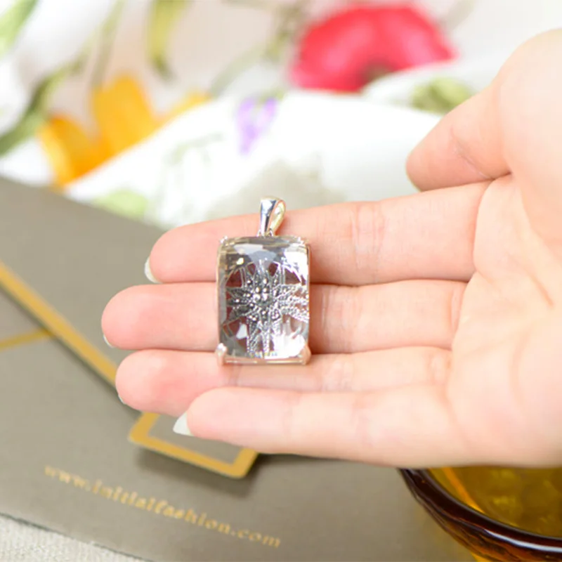

Natural Faceted White Crystal Pendant Women Large Rectangle Exquisite 925 Sterling Silver Mosaic Flower Chakras Jewelry