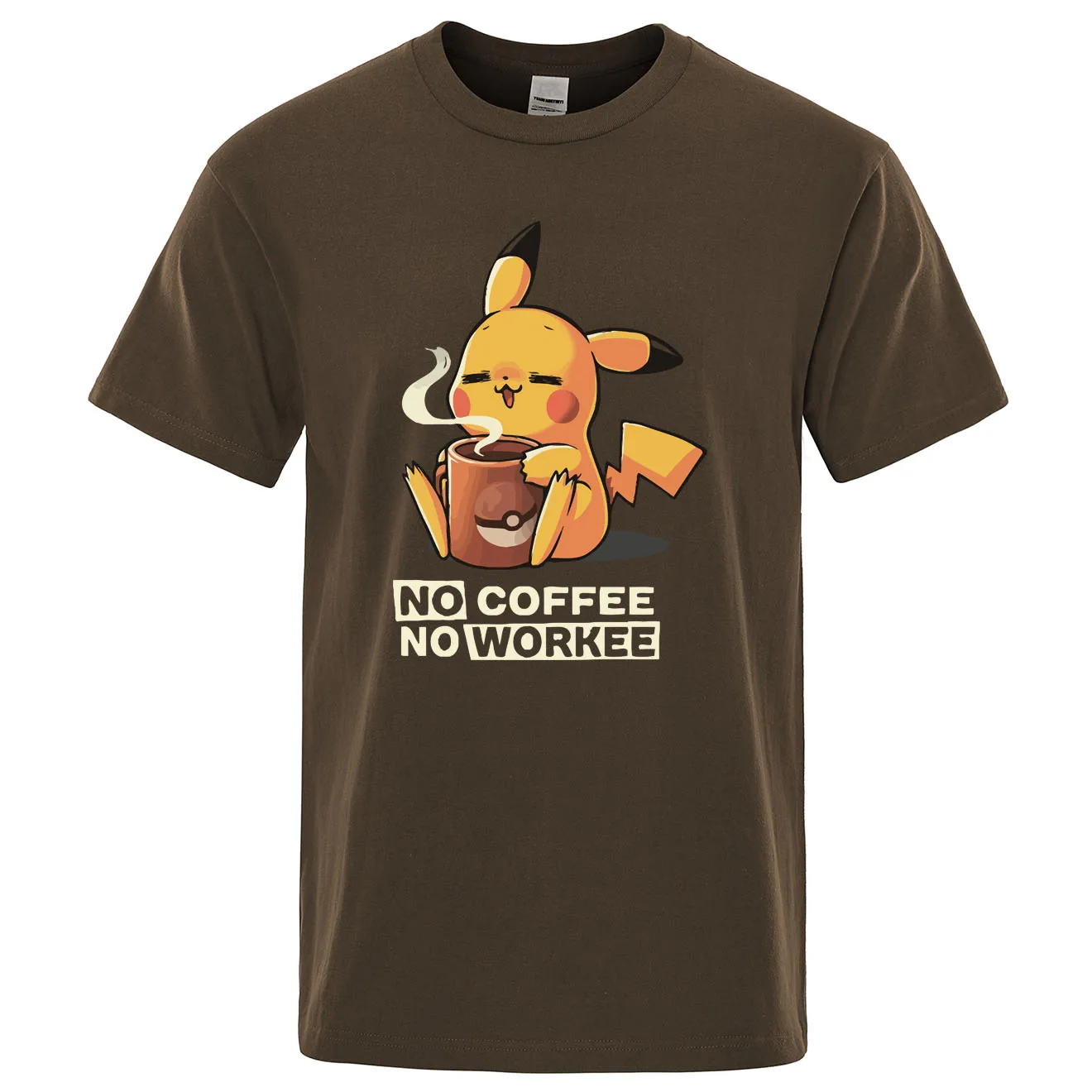 Футболки NO COFFEE NO WORKEE, Пикачу, футболка Pokemon, повседневные мужские футболки с круглым вырезом, Забавные футболки, черные мужские топы, брендовая одежда - Цвет: brown 6