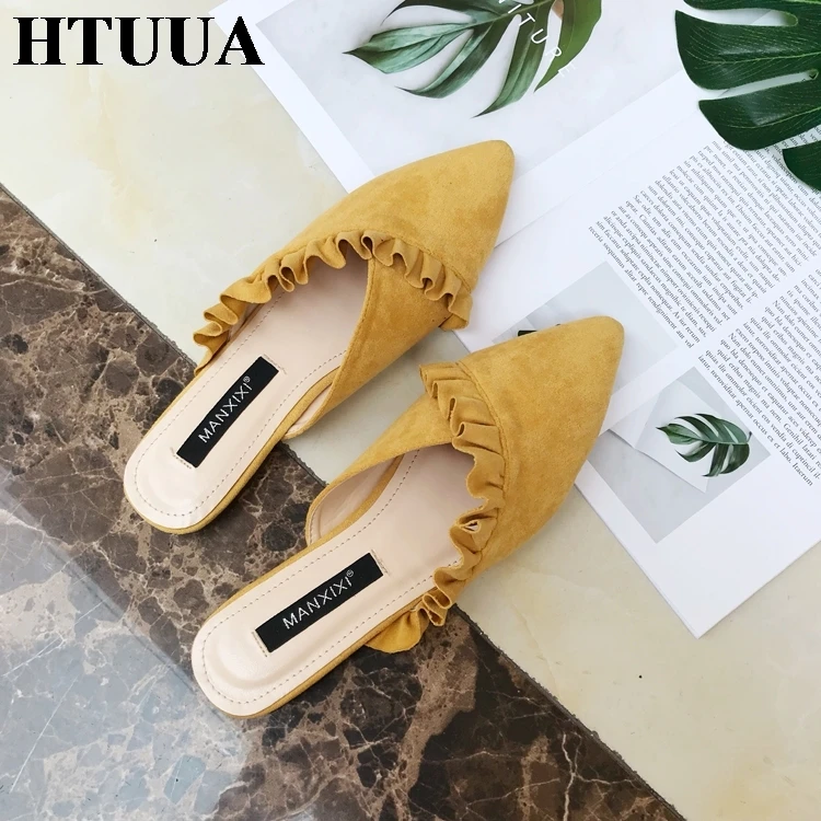 HTUUA/высококачественные Мягкие Шлепанцы из флока; женские туфли без задника; сезон весна-лето-осень; женская обувь; шлепанцы на плоской подошве; SX1311