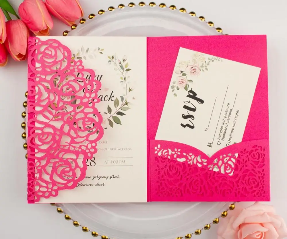 dark rose red 20 шт./лот темно-синий pocketfold с цветами лазерной резки свадебные пригласительные карты три сложенные карты карман поздравительные приглашения - Цвет: dark rose red