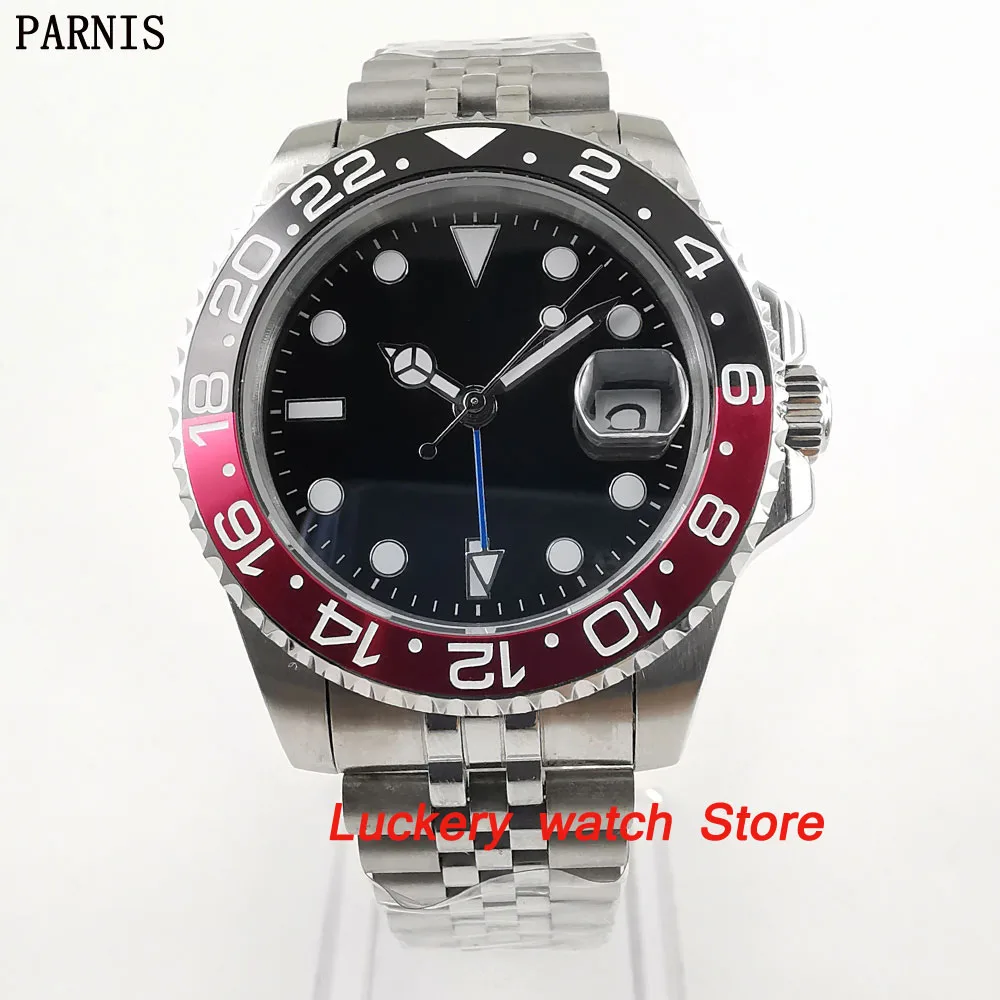 

40mm Parnis Black and red Bezel black dial blue GMT hands luminous marks sapphire glass automatic Mens Watch-PA68