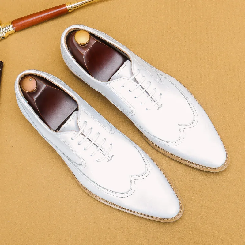 

White Leather Shoes Men's Leather Business Dress Shoes British Simple Pointed Oxford Shoes Zapatillas De Deporte KV028