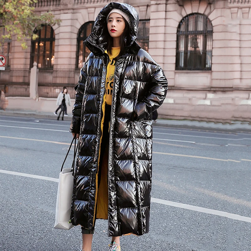

2019 New Winter Women Oversized Glossy Cotton Coat Loose Hooded Warm Thick Long Down Cotton Jacket Female Parkas cc1136
