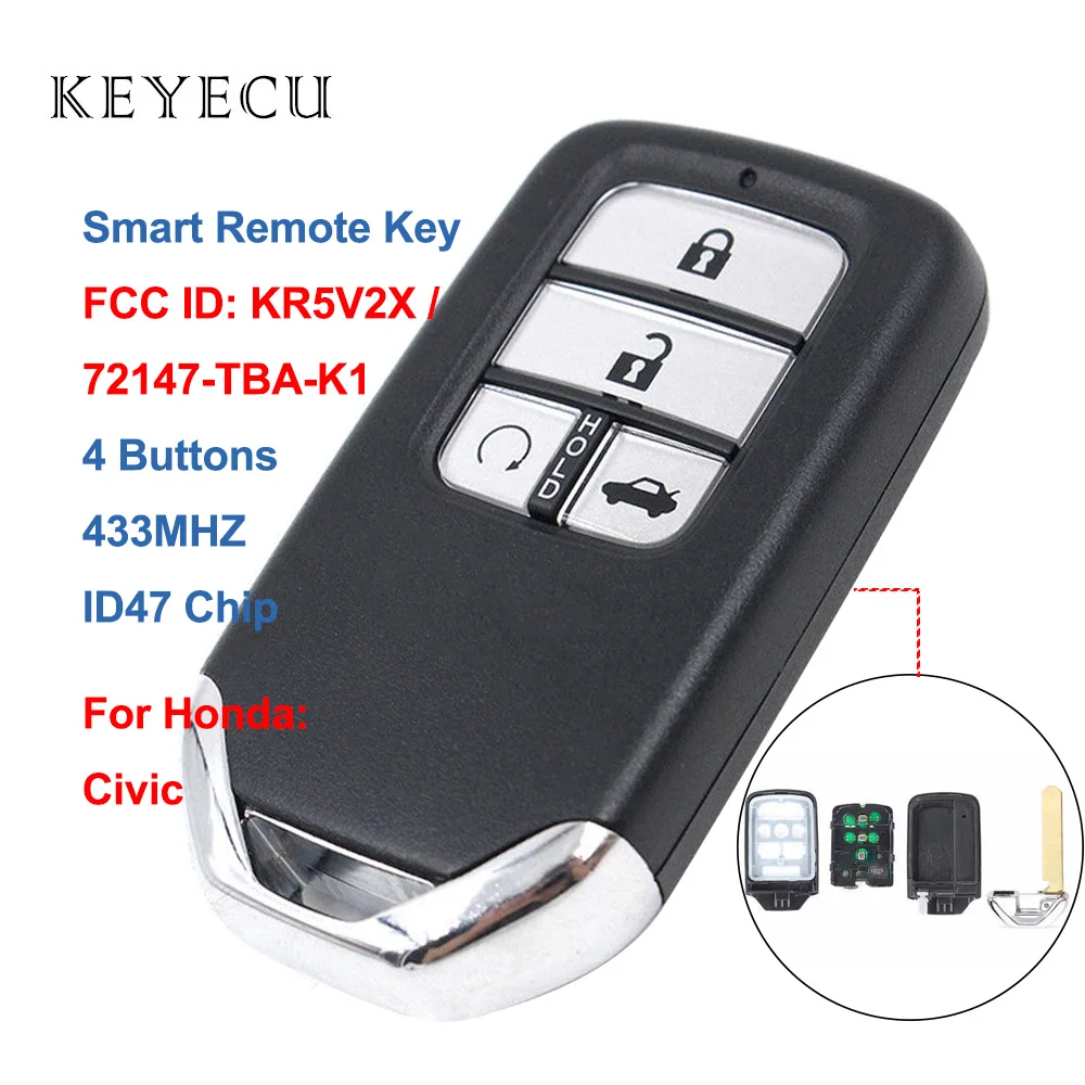 Keyecu 4 кнопочный умный телефон 433 МГц с чипом ID47 для Honda Civic 2014 2015 2016 2017 FCC ID: KR5V2X без
