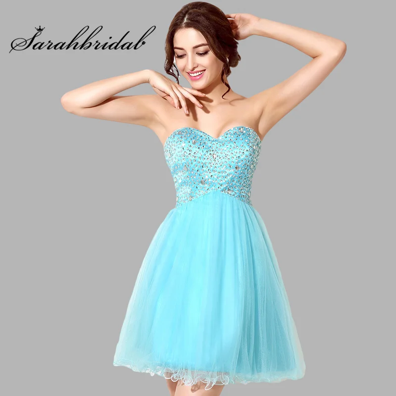 

Chic Sky Blue Short Homecoming Dresses Crystal Lace Up Sleeveless Cheap Sweetheart Ruffles Graduation Party Gown Vestidos SD034