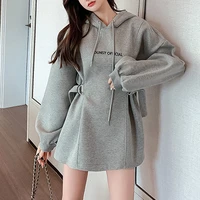 wkfyy women causal cotton letter embroidery hooded lantern sleeve belt straight loose draw string long hoodies outwear h4004