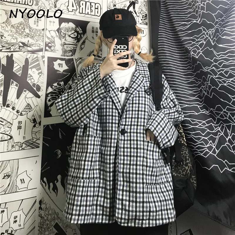 

Женский пиджак с большими карманами NYOOLO Harajuku, весенне-осенний свободный пиджак на одной пуговице в винтажном стиле