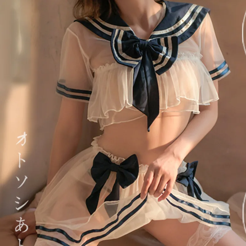 

Sexy Lace Navy Collar Perspective Lingerie Japanese College Style JK Role Play Sailor Soft Cute Student Uniform Entice Suit 2ZTD