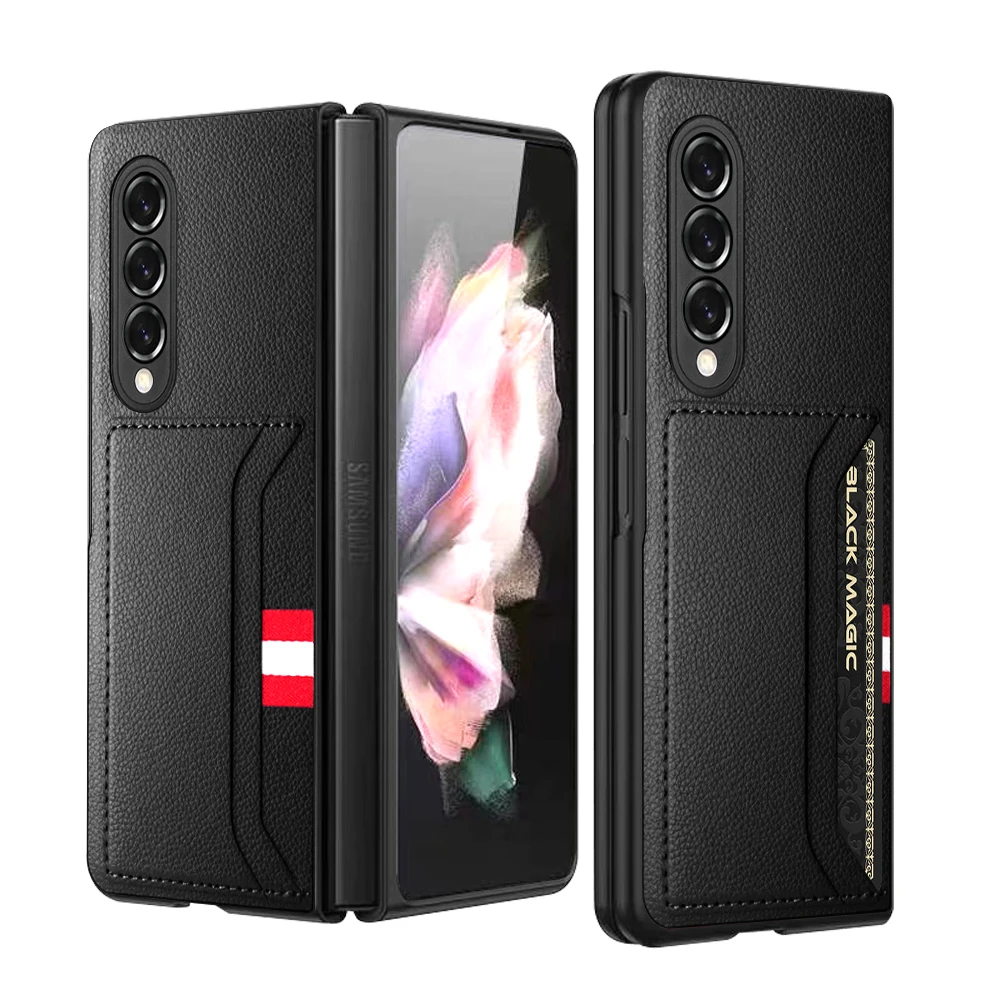 Чехол для Samsung Galaxy Z Fold 3 5G, защитный чехол с кармашком для карт, кожаный чехол с узором Личи для телефона Z Fold 3 Fold3