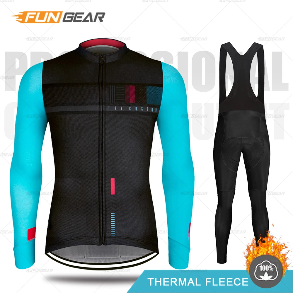 BIB SET Зимняя одежда для велоспорта для мужчин, комплект из Джерси, Теплая Флисовая одежда с длинными рукавами, одежда для холодной защиты, сохраняющая тепло, Профессиональная форма для езды на велосипеде - Цвет: BIB SET