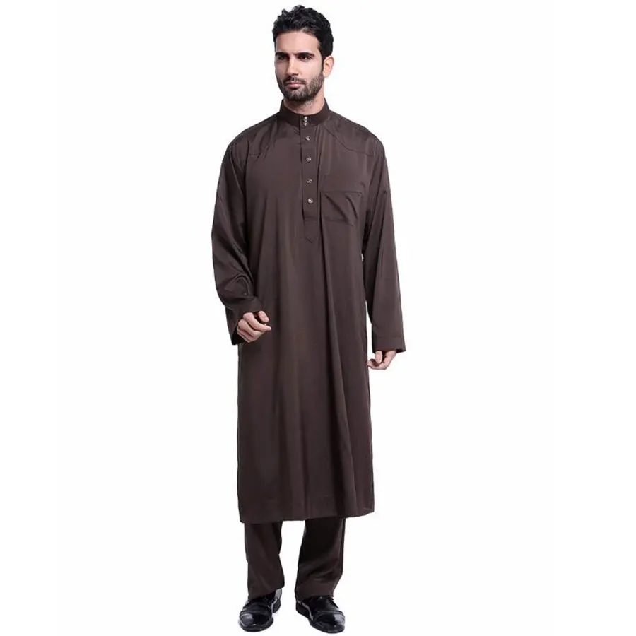 Conjunto de ropa musulmana de manga larga para hombres, traje informal Abaya, caftán islámico, Thobe Jubba, con cuello levantado, Dubái, pakistaní, Arabia Saudita, 2 uds.