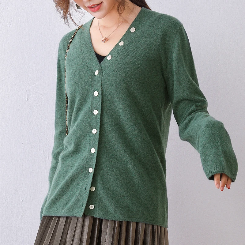 

MERRILAMB Women's Spring Casual Cardigan High Quality Worsted Wool Knit V-Neck Solid Sweater Cardigan 3 Colors Choose Coat