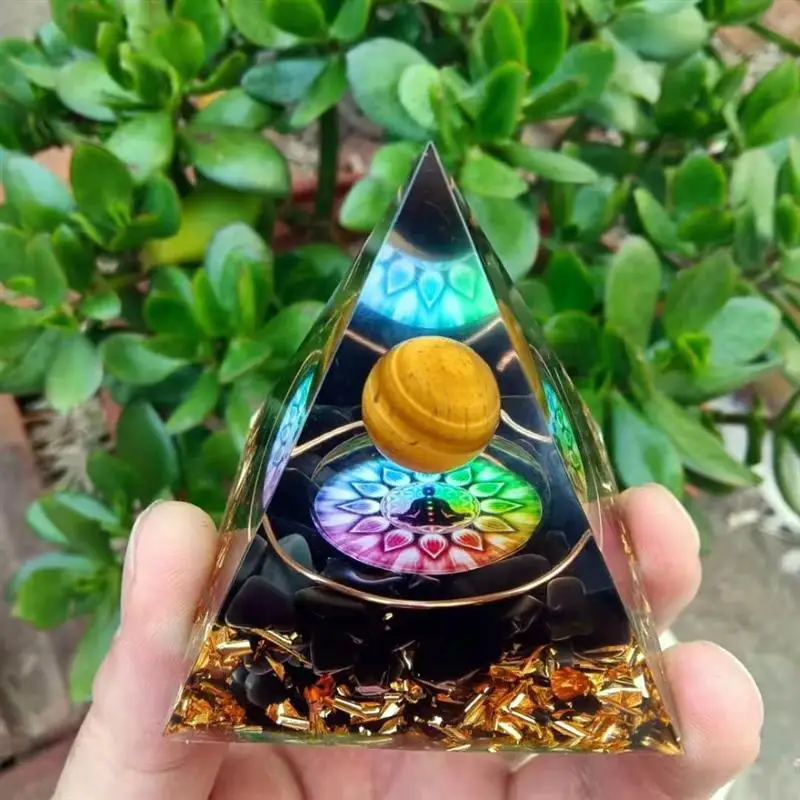 

Hand Made Orgonite Pyramid Purple Crystal Sphere With Obsidian Natural Cristal Ornaments for Office Home Desk