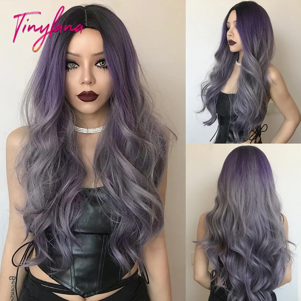 

TINY LANA Brown Purple Gray Synthetic Wigs Middle Part Colorful Long Wavy Wigs For Women Cosplay Party Heat Resistant Fiber