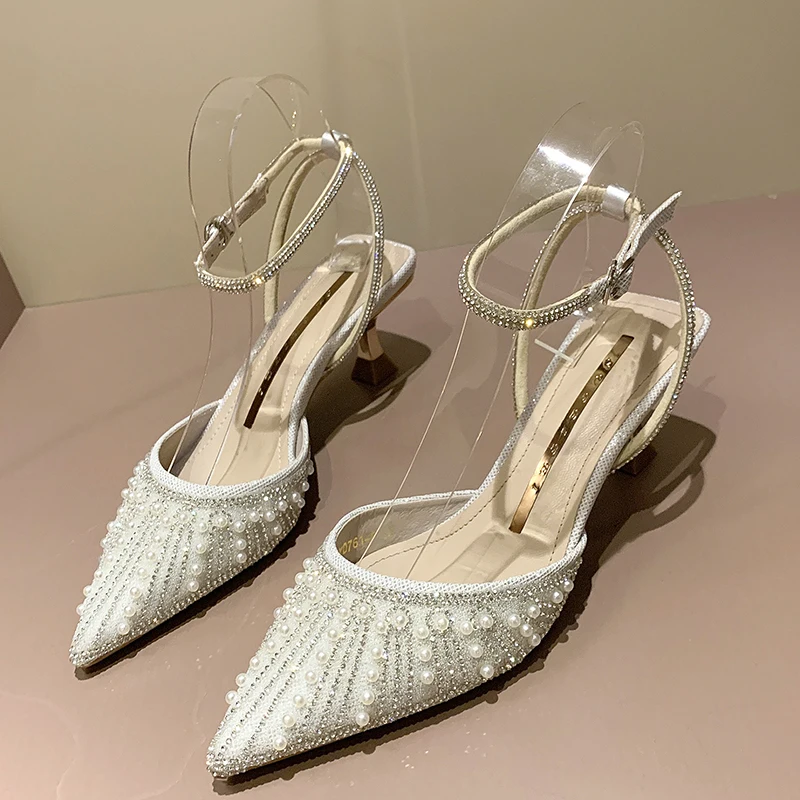 

Summer Fashion Elegant Ladies Shoes Spike Heels Sandals Sexy Pumps Pearl Crystal Pointed Toe Women Shoes Female Party Footwear