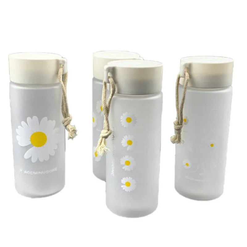 

Big mouth frosted small daisy portable hemp rope plastic water bottle, trendy fashion girl casual water bottle
